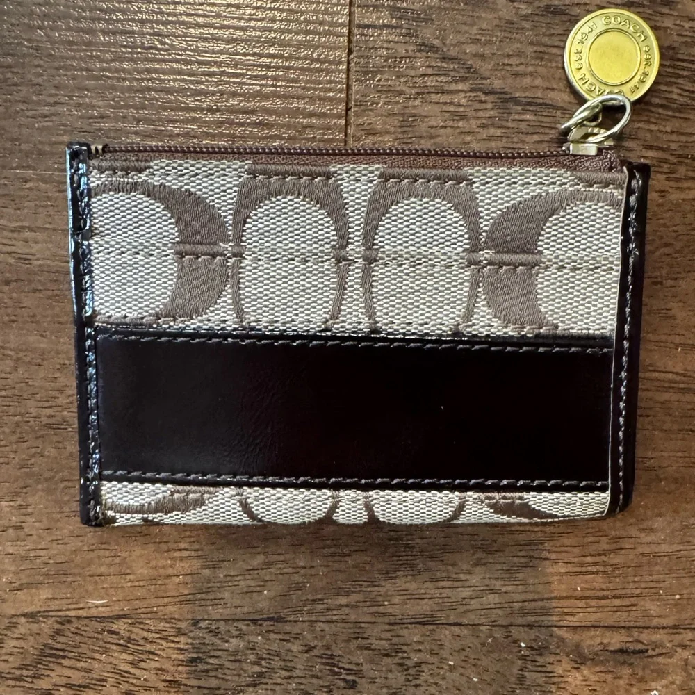 Coach Brown and Tan CC Patterned Change Purse with Key Ring